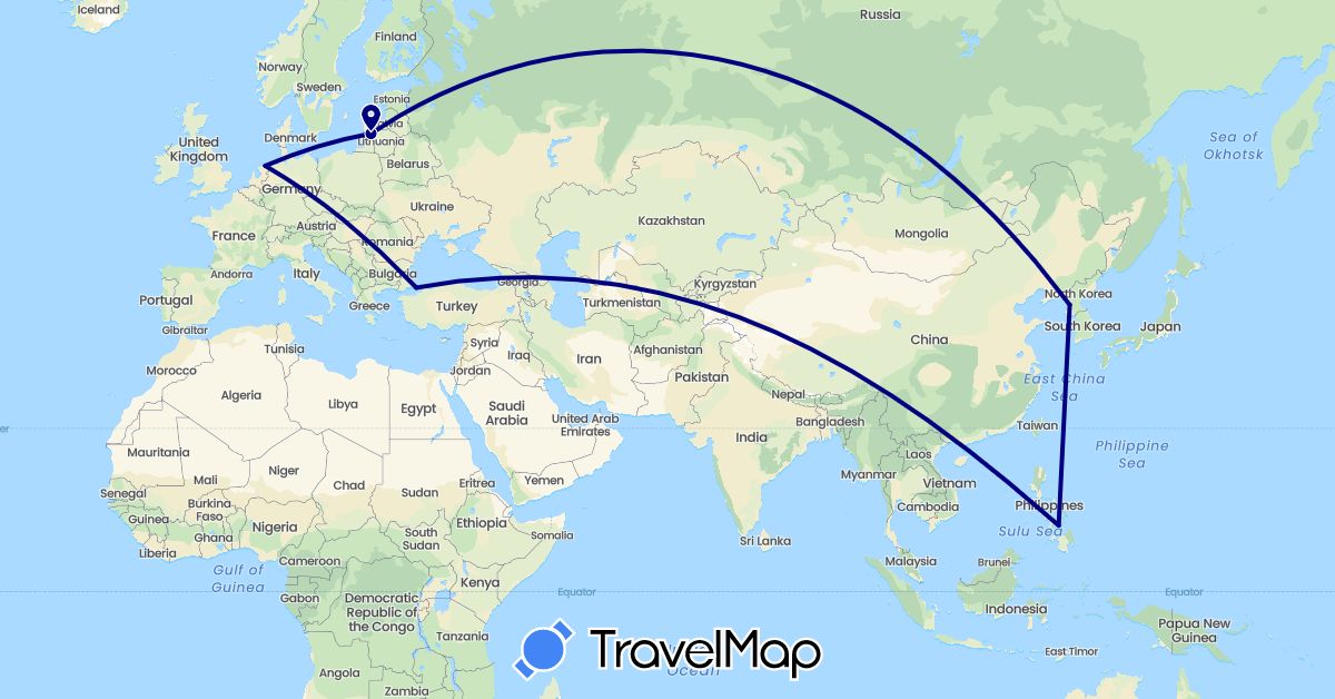 TravelMap itinerary: driving in North Korea, Lithuania, Netherlands, Philippines, Turkey (Asia, Europe)